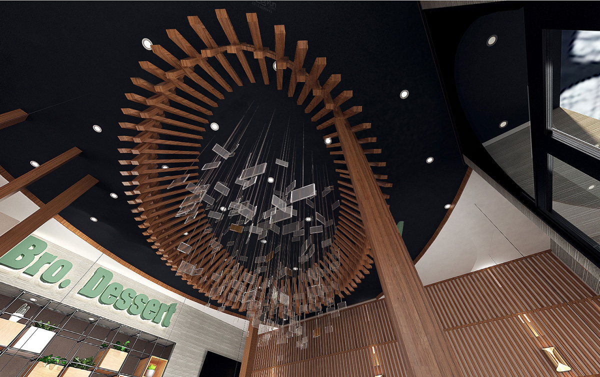 美國開心點(diǎn)餐廳：木紋不銹鋼天花裝飾