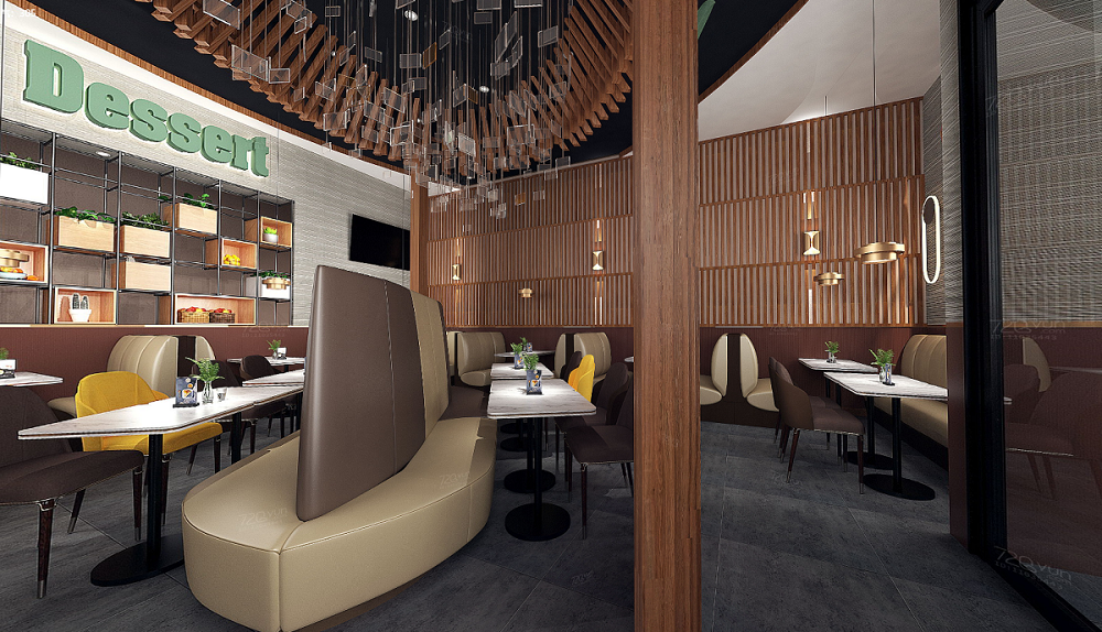 美國開心點(diǎn)餐廳：木紋不銹鋼天花裝飾